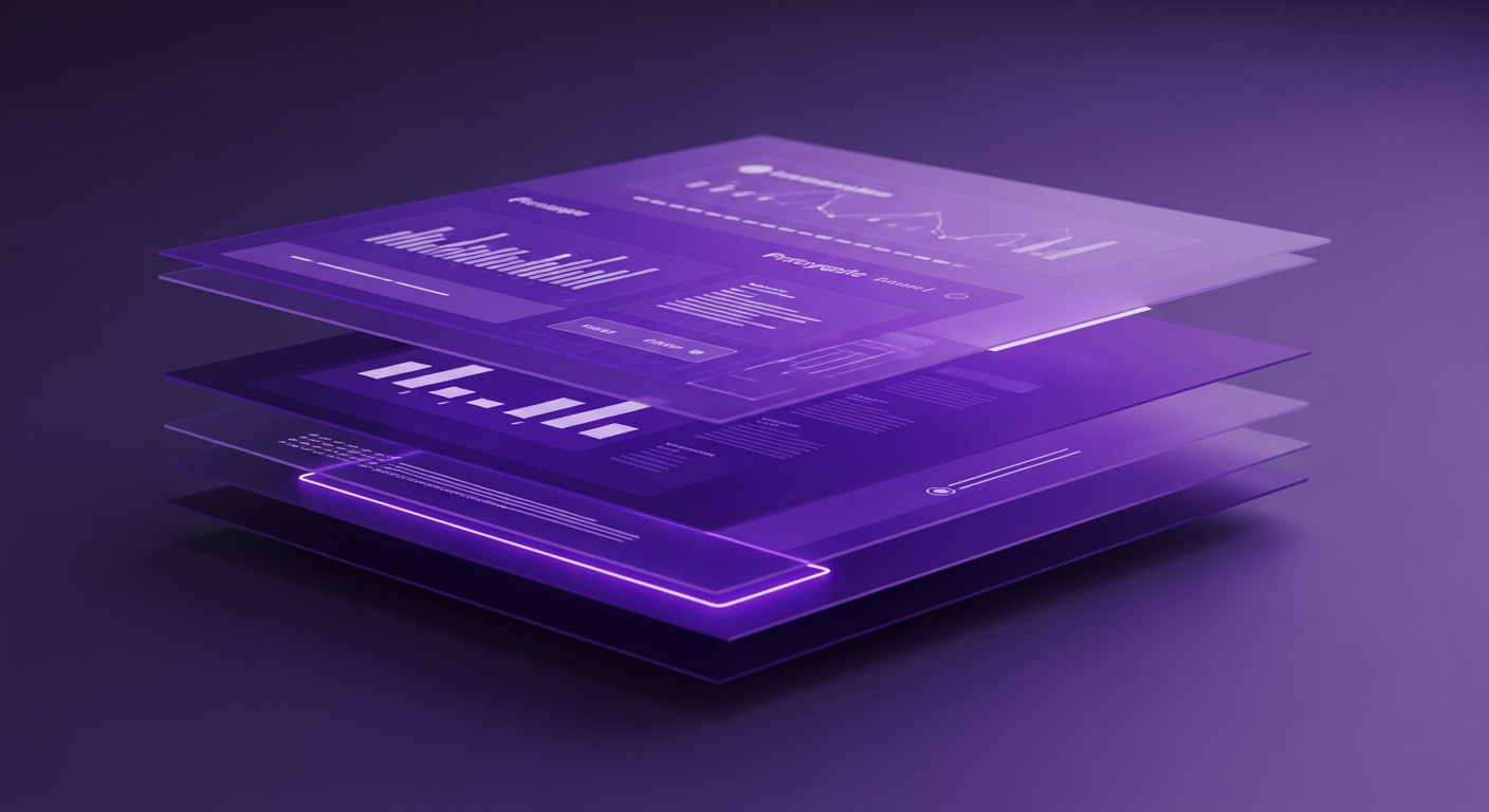 Interfaz digital moderna con flujos de trabajo automatizados en tonos morados.